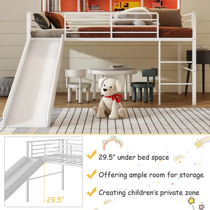 Twin Metal Loft Bed with Slide with Safety Guardrails and Built-in Ladder-White - White - Bunk Bed Frame