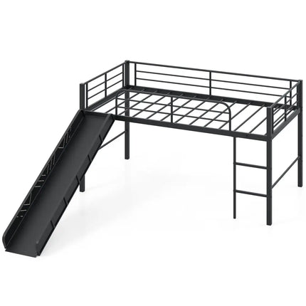 Twin Metal Loft Bed with Slide with Safety Guardrails and Built-in Ladder-Black - Black - Bunk Bed Frame