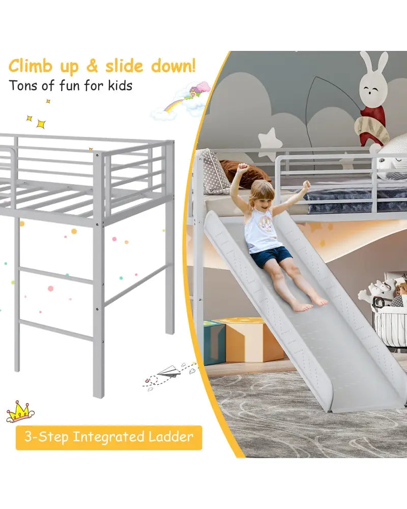 Twin Metal Loft Bed with Slide with Safety Guardrails and Built-in Ladder-Silver - Silver - Bunk Bed Frame