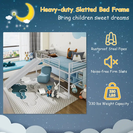 Twin Metal Loft Bed with Slide with Safety Guardrails and Built-in Ladder-Silver - Silver - Bunk Bed Frame