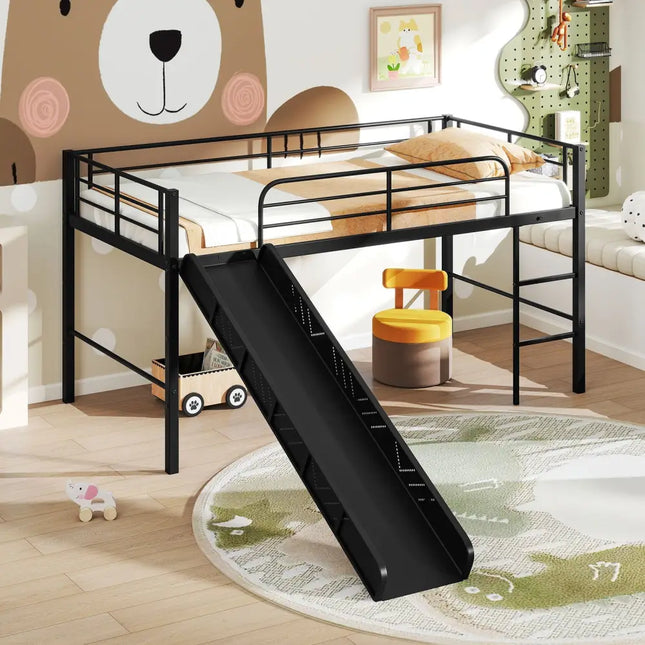 Twin Metal Loft Bed with Slide with Safety Guardrails and Built-in Ladder-Black - Black - Bunk Bed Frame