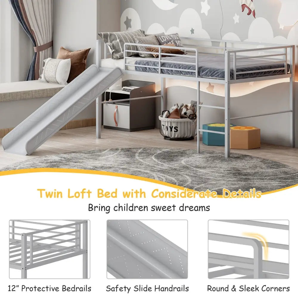 Twin Metal Loft Bed with Slide with Safety Guardrails and Built-in Ladder-Silver - Silver - Bunk Bed Frame