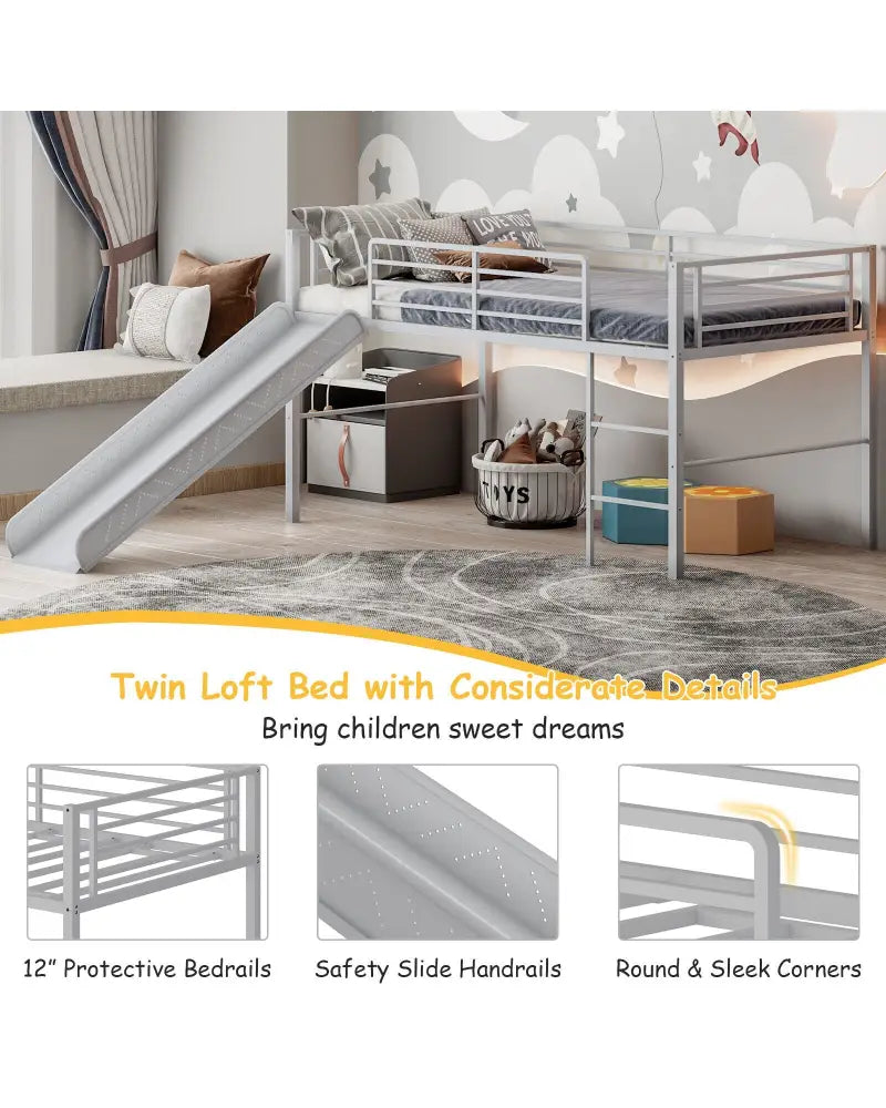 Twin Metal Loft Bed with Slide with Safety Guardrails and Built-in Ladder-Silver - Silver - Bunk Bed Frame