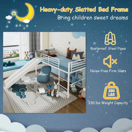 Twin Metal Loft Bed with Slide with Safety Guardrails and Built-in Ladder-White - White - Bunk Bed Frame