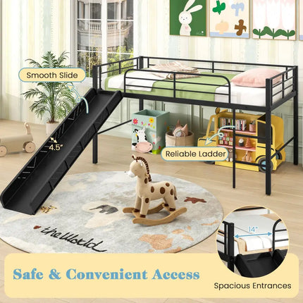 Twin Metal Loft Bed with Slide with Safety Guardrails and Built-in Ladder-Black - Black - Bunk Bed Frame