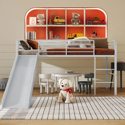 Twin Metal Loft Bed with Slide with Safety Guardrails and Built-in Ladder-Silver - Silver - Bunk Bed Frame