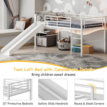Twin Metal Loft Bed with Slide with Safety Guardrails and Built-in Ladder-White - White - Bunk Bed Frame
