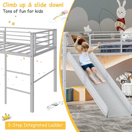 Twin Metal Loft Bed with Slide with Safety Guardrails and Built-in Ladder-Silver - Silver - Bunk Bed Frame