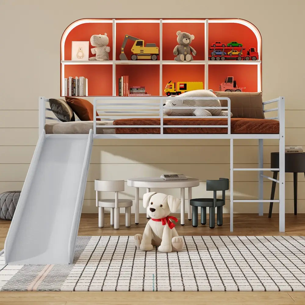 Twin Metal Loft Bed with Slide with Safety Guardrails and Built-in Ladder-Silver - Silver - Bunk Bed Frame