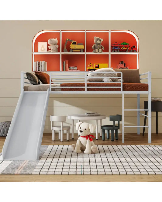 Twin Metal Loft Bed with Slide with Safety Guardrails and Built-in Ladder-Silver - Silver - Bunk Bed Frame