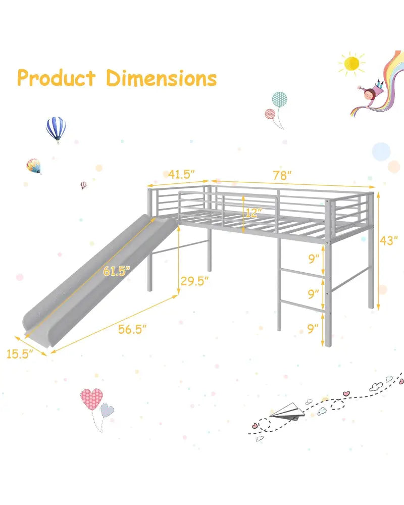 Twin Metal Loft Bed with Slide with Safety Guardrails and Built-in Ladder-Silver - Silver - Bunk Bed Frame