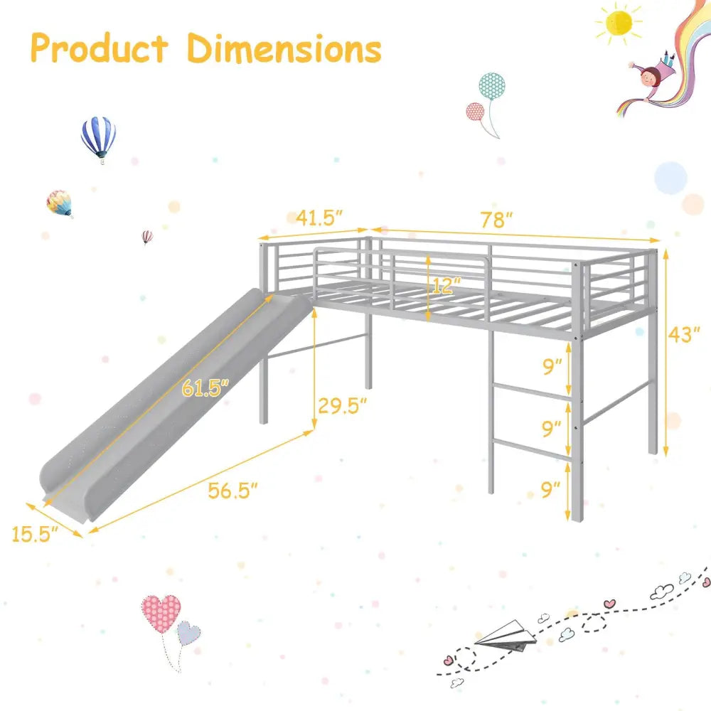Twin Metal Loft Bed with Slide with Safety Guardrails and Built-in Ladder-Silver - Silver - Bunk Bed Frame