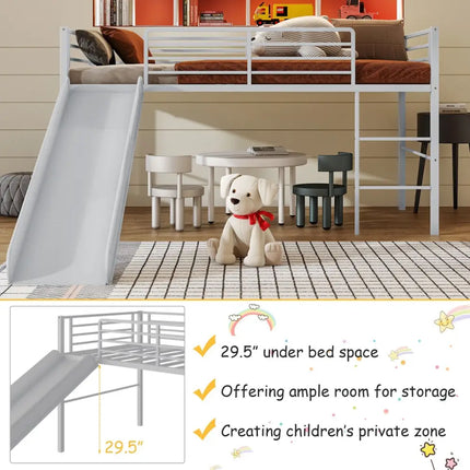 Twin Metal Loft Bed with Slide with Safety Guardrails and Built-in Ladder-Silver - Silver - Bunk Bed Frame