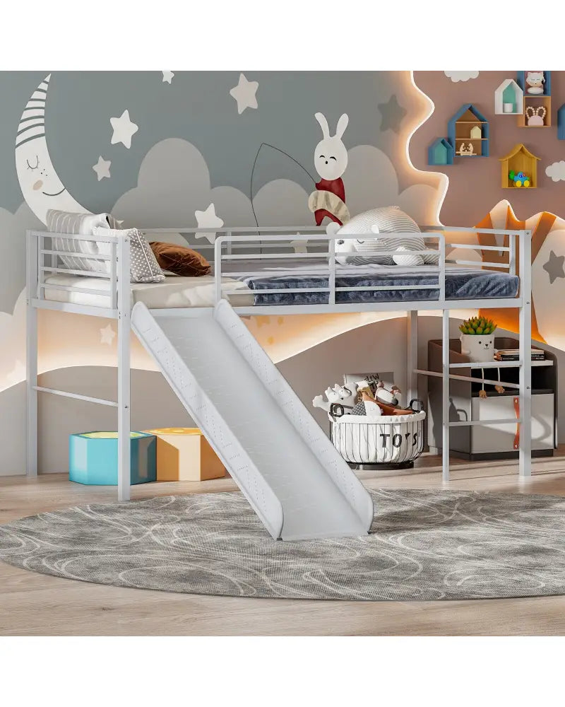 Twin Metal Loft Bed with Slide with Safety Guardrails and Built-in Ladder-Silver - Silver - Bunk Bed Frame