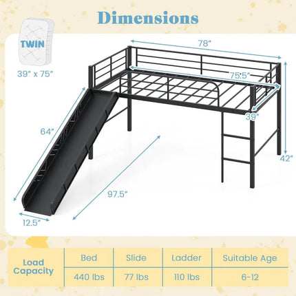 Twin Metal Loft Bed with Slide with Safety Guardrails and Built-in Ladder-Black - Black - Bunk Bed Frame