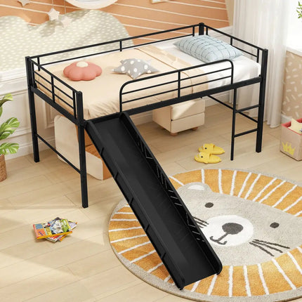 Twin Metal Loft Bed with Slide with Safety Guardrails and Built-in Ladder-Black - Black - Bunk Bed Frame