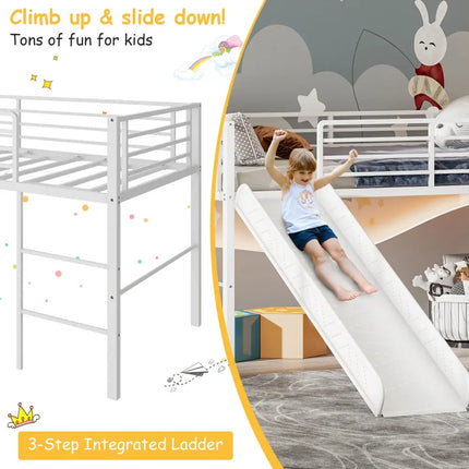 Twin Metal Loft Bed with Slide with Safety Guardrails and Built-in Ladder-White - White - Bunk Bed Frame