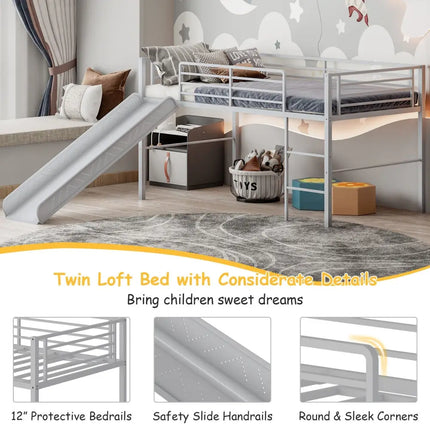 Twin Metal Loft Bed with Slide with Safety Guardrails and Built-in Ladder-Silver - Silver - Bunk Bed Frame