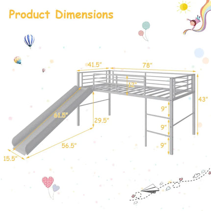 Twin Metal Loft Bed with Slide with Safety Guardrails and Built-in Ladder-Silver - Silver - Bunk Bed Frame