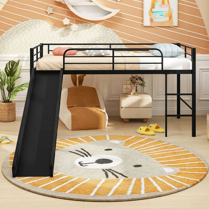 Twin Metal Loft Bed with Slide with Safety Guardrails and Built-in Ladder-Black - Black - Bunk Bed Frame