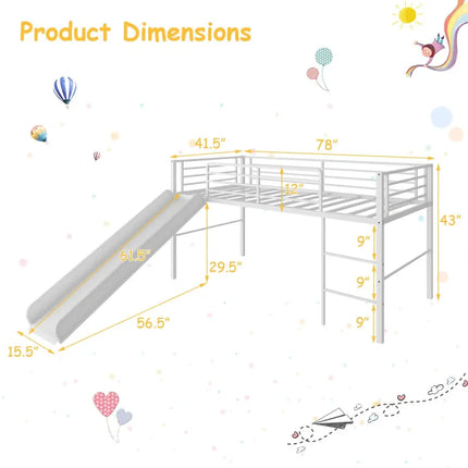 Twin Metal Loft Bed with Slide with Safety Guardrails and Built-in Ladder-White - White - Bunk Bed Frame