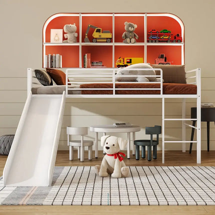Twin Metal Loft Bed with Slide with Safety Guardrails and Built-in Ladder-White - White - Bunk Bed Frame