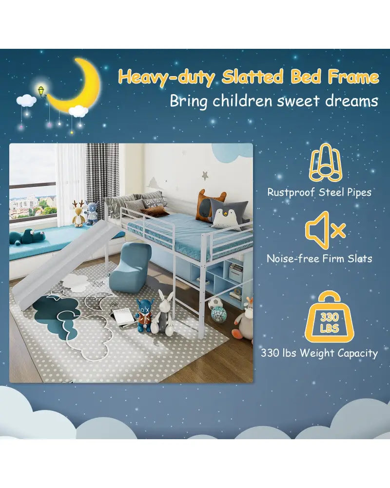 Twin Metal Loft Bed with Slide with Safety Guardrails and Built-in Ladder-Silver - Silver - Bunk Bed Frame