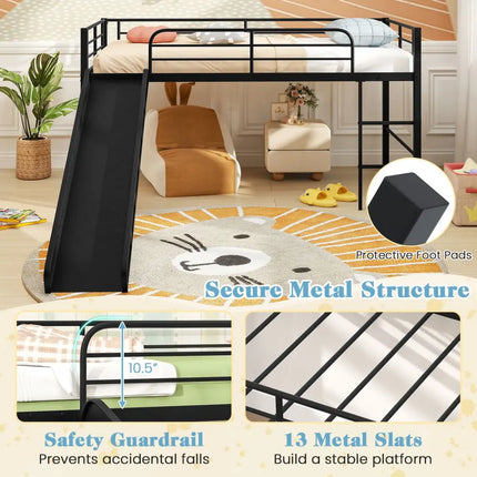 Twin Metal Loft Bed with Slide with Safety Guardrails and Built-in Ladder-Black - Black - Bunk Bed Frame