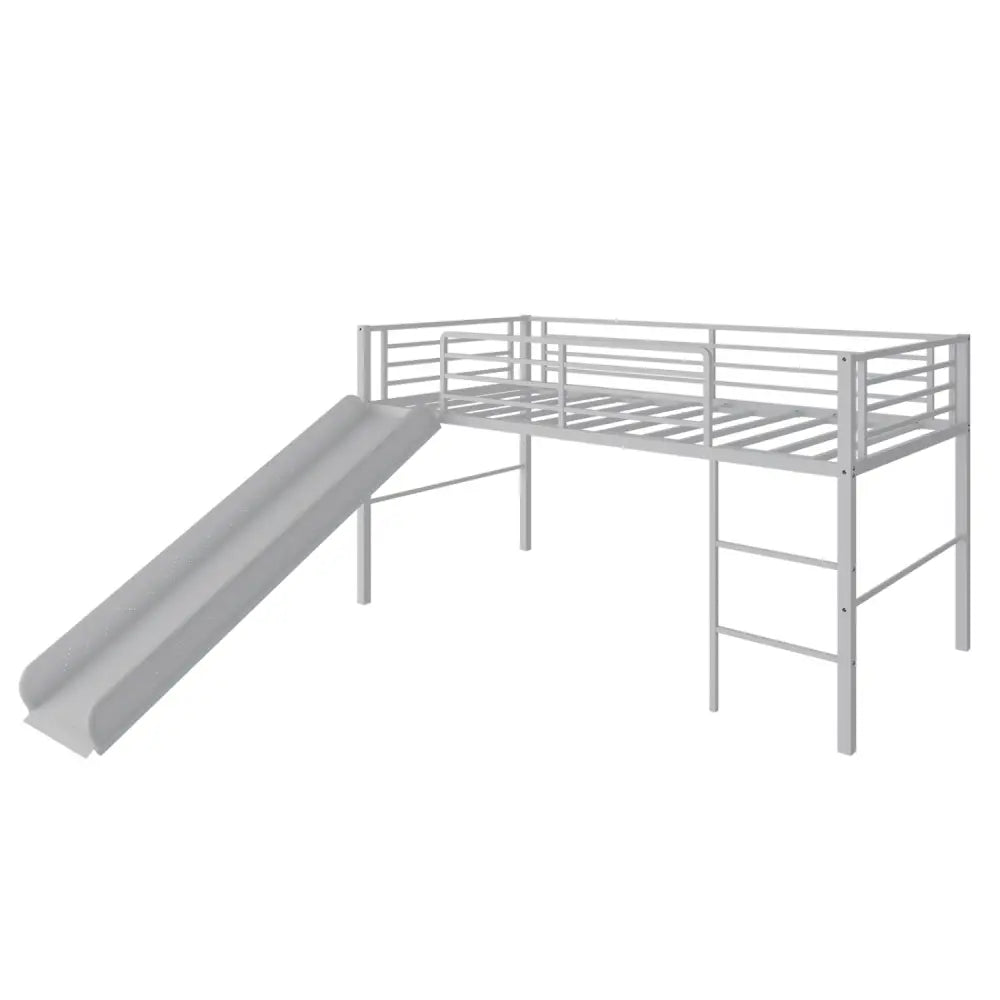 Twin Metal Loft Bed with Slide with Safety Guardrails and Built-in Ladder-Silver - Silver - Bunk Bed Frame