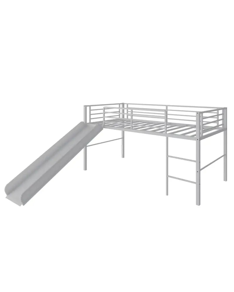 Twin Metal Loft Bed with Slide with Safety Guardrails and Built-in Ladder-Silver - Silver - Bunk Bed Frame