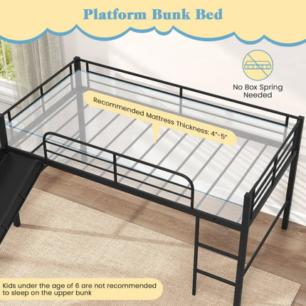 Twin Metal Loft Bed with Slide with Safety Guardrails and Built-in Ladder-Black - Black - Bunk Bed Frame