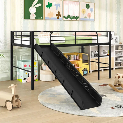 Twin Metal Loft Bed with Slide with Safety Guardrails and Built-in Ladder-Black - Black - Bunk Bed Frame