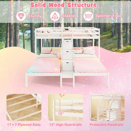 Twin Over Twin and Twin Bunk Bed with Storage Staircase and Guardrail for 3 Kids Teens-White - White - Bunk Bed Frame
