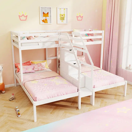 Twin Over Twin and Twin Bunk Bed with Storage Staircase and Guardrail for 3 Kids Teens-White - White - Bunk Bed Frame