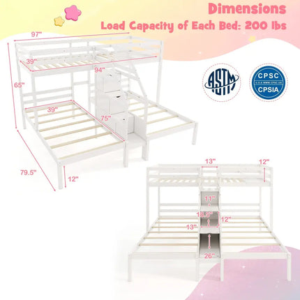 Twin Over Twin and Twin Bunk Bed with Storage Staircase and Guardrail for 3 Kids Teens-White - White - Bunk Bed Frame