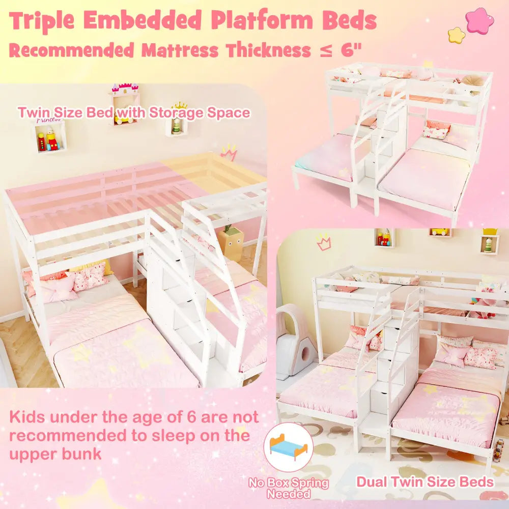 Twin Over Twin and Twin Bunk Bed with Storage Staircase and Guardrail for 3 Kids Teens-White - White - Bunk Bed Frame