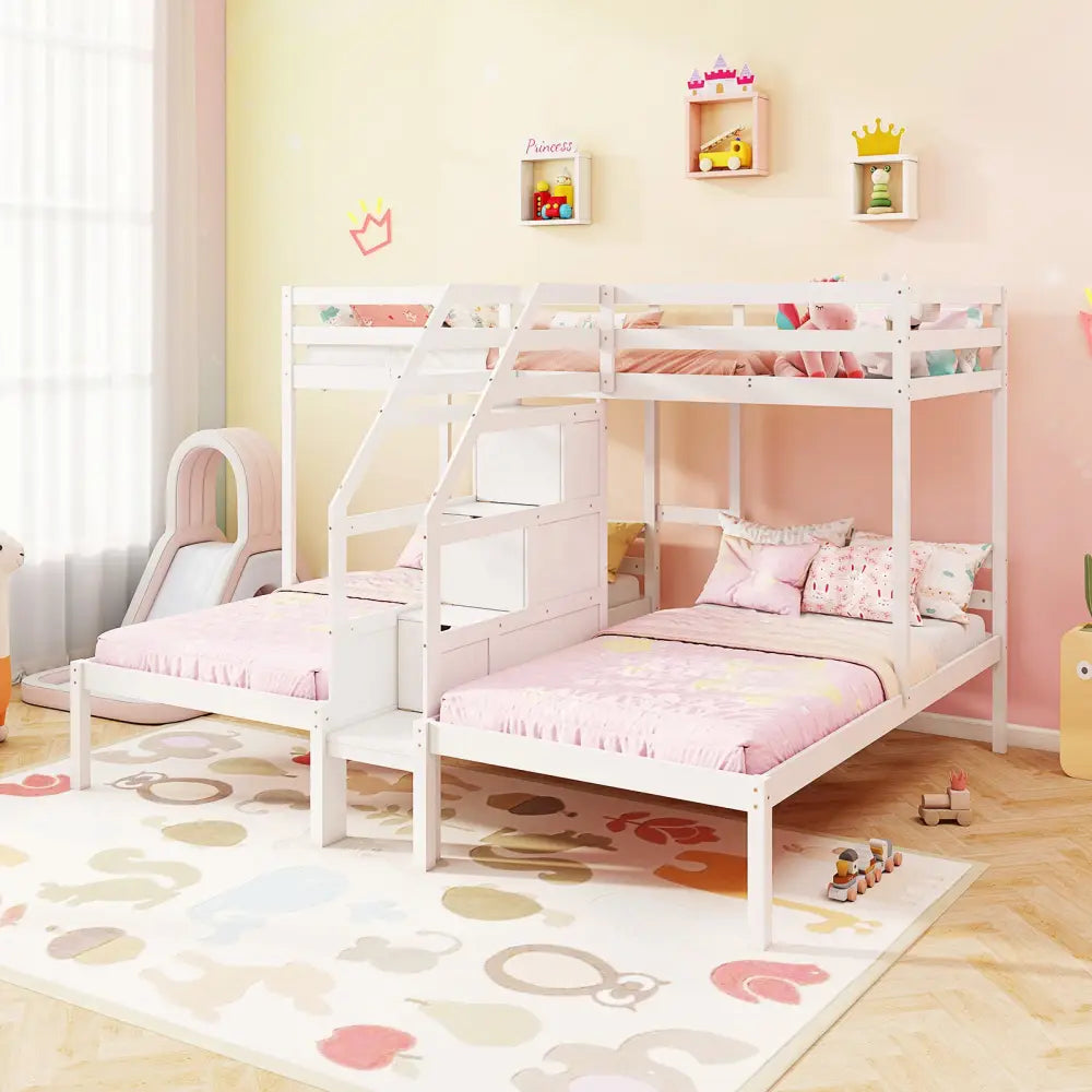 Twin Over Twin and Twin Bunk Bed with Storage Staircase and Guardrail for 3 Kids Teens-White - White - Bunk Bed Frame
