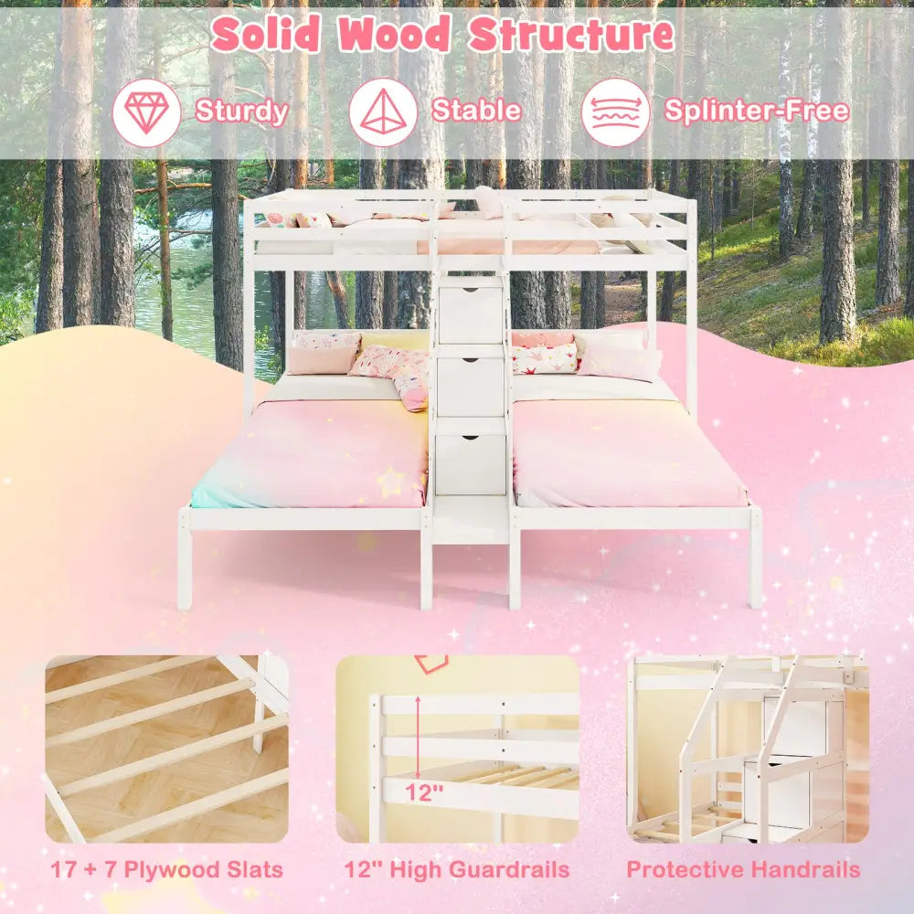 Twin Over Twin and Twin Bunk Bed with Storage Staircase and Guardrail for 3 Kids Teens-White - White - Bunk Bed Frame