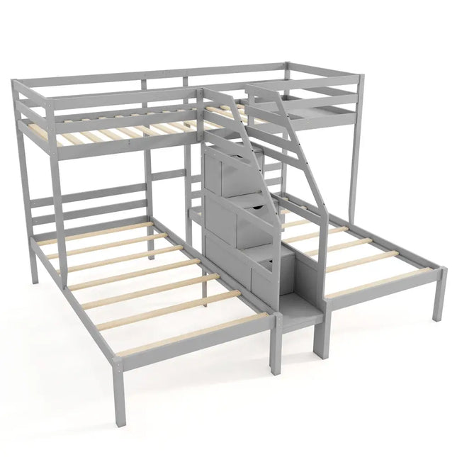 Twin Over Twin and Twin Bunk Bed with Storage Staircase and Guardrail for 3 Kids Teens-Gray - Gray - Bunk Bed Frame