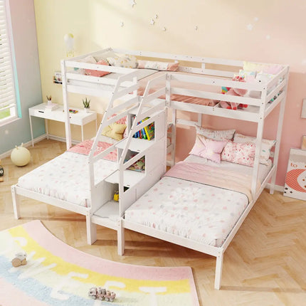 Twin Over Twin and Twin Bunk Bed with Storage Staircase and Guardrail for 3 Kids Teens-White - White - Bunk Bed Frame