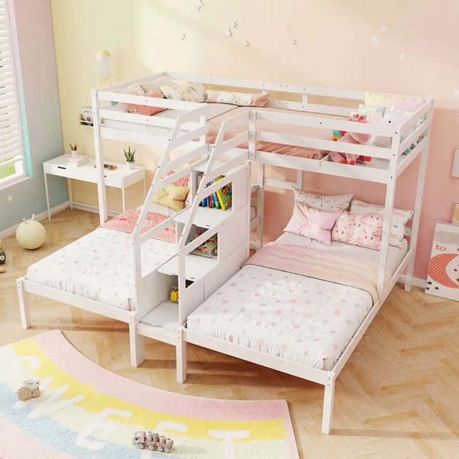 Twin Over Twin and Twin Bunk Bed with Storage Staircase and Guardrail for 3 Kids Teens-White - White - Bunk Bed Frame