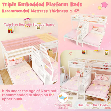 Twin Over Twin and Twin Bunk Bed with Storage Staircase and Guardrail for 3 Kids Teens-White - White - Bunk Bed Frame