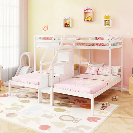 Twin Over Twin and Twin Bunk Bed with Storage Staircase and Guardrail for 3 Kids Teens-White - White - Bunk Bed Frame