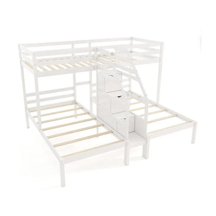 Twin Over Twin and Twin Bunk Bed with Storage Staircase and Guardrail for 3 Kids Teens-White - White - Bunk Bed Frame