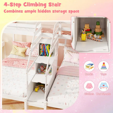Twin Over Twin and Twin Bunk Bed with Storage Staircase and Guardrail for 3 Kids Teens-White - White - Bunk Bed Frame