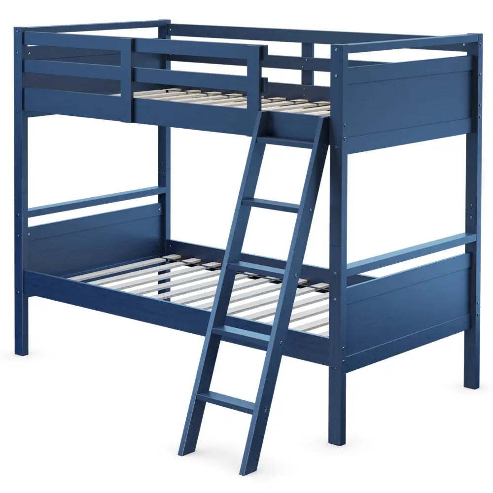 Twin Over Twin Bunk Bed Convertible 2 Individual Beds Wooden -Navy - Navy - Bunk Bed Frame