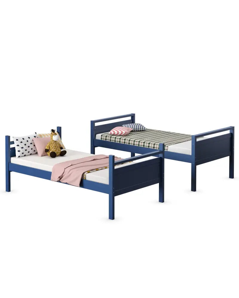 Twin Over Twin Bunk Bed Convertible 2 Individual Beds Wooden -Navy - Navy - Bunk Bed Frame