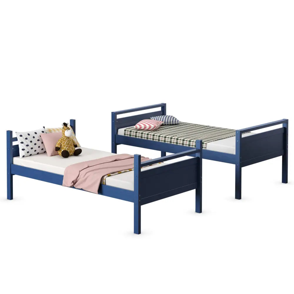 Twin Over Twin Bunk Bed Convertible 2 Individual Beds Wooden -Navy - Navy - Bunk Bed Frame