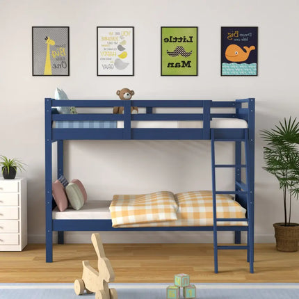 Twin Over Twin Bunk Bed Convertible 2 Individual Beds Wooden -Navy - Navy - Bunk Bed Frame
