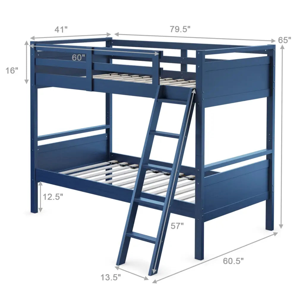 Twin Over Twin Bunk Bed Convertible 2 Individual Beds Wooden -Navy - Navy - Bunk Bed Frame